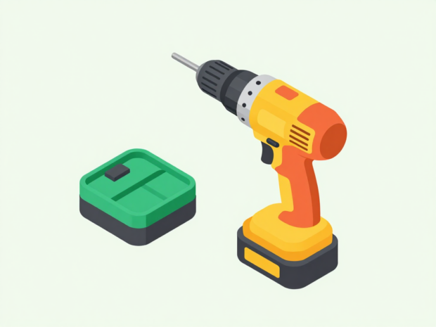 A cordless hammer drill and a battery charger on a job-site surface