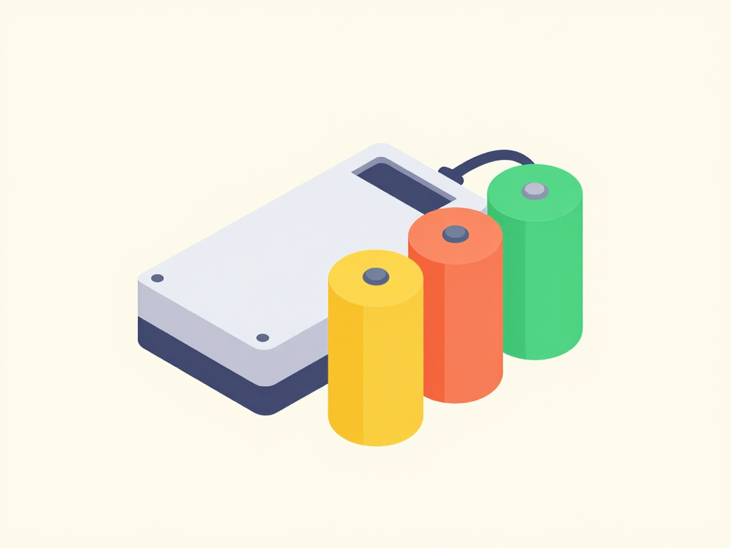 A single battery charger with three different voltage battery packs lined up beside it