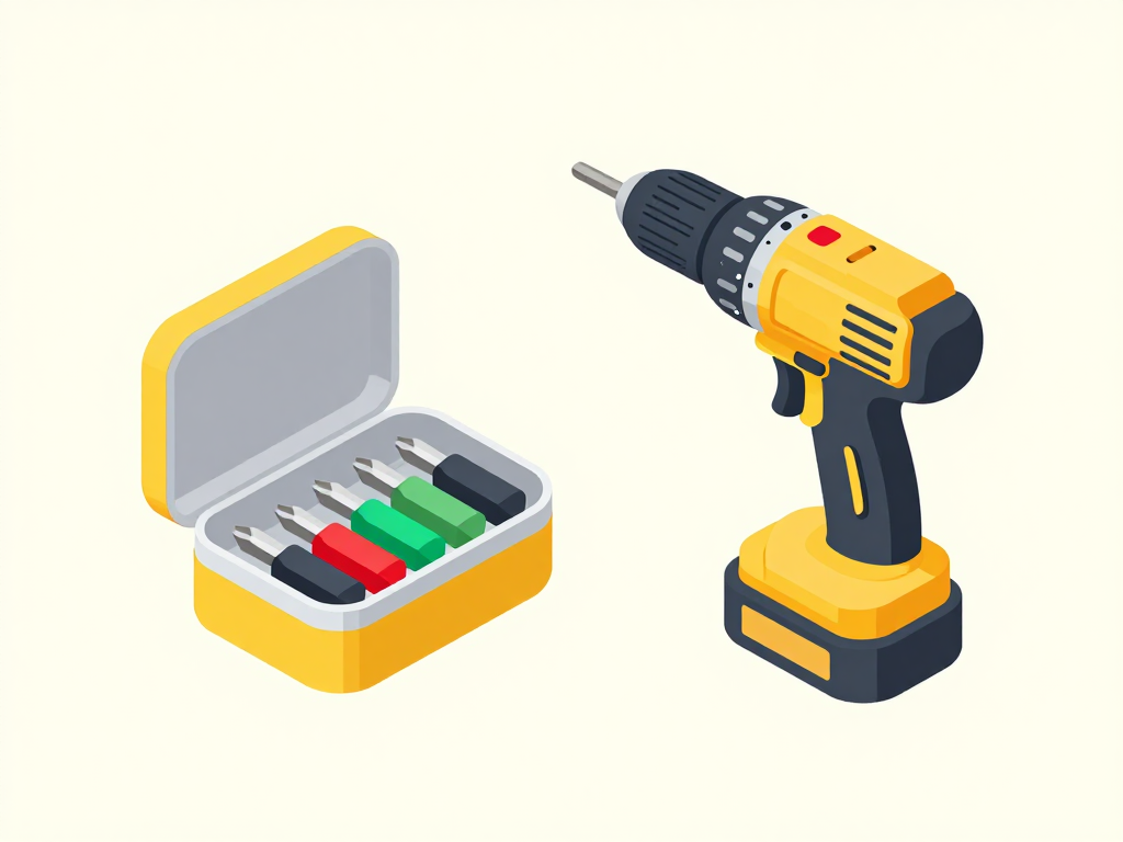 A tin case of driver bits spilled open next to a cordless drill