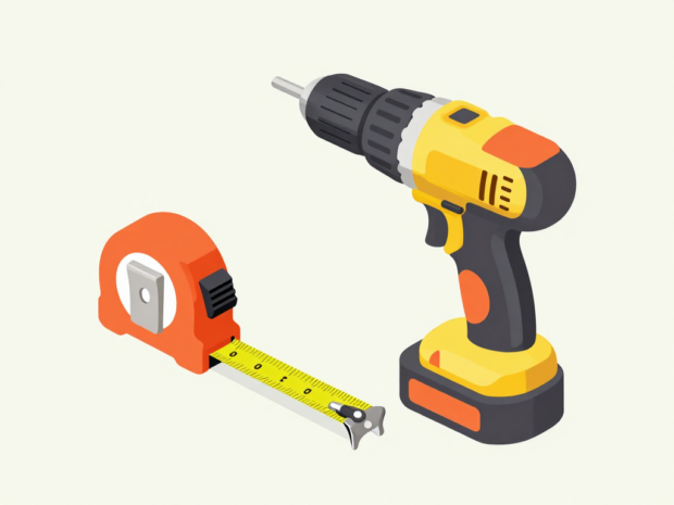 A double-ended driver bit resting on a tape measure next to a cordless drill