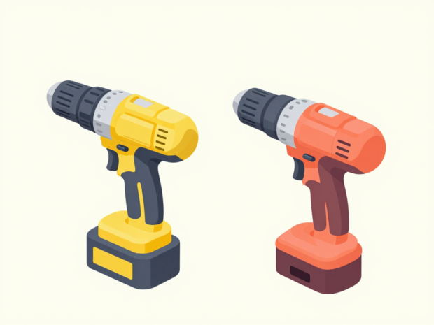 An older cordless drill design next to a newer cordless drill design