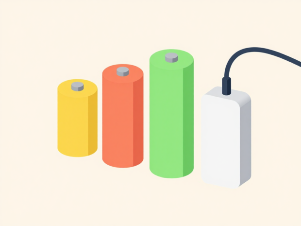 Three cordless battery packs of increasing capacity lined up next to a charger