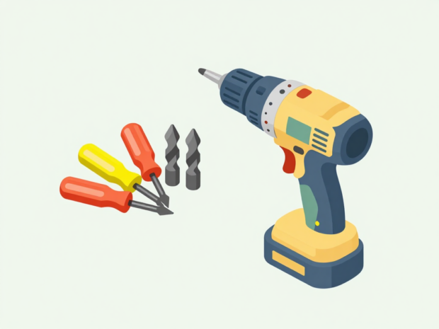 A fanned-out set of screwdriver drill bits next to a cordless drill