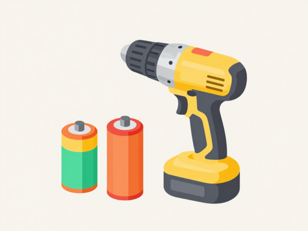 A cordless drill next to two different-sized battery packs, illustrating a compact battery and a taller high-capacity battery