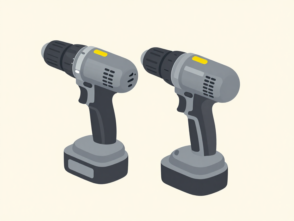 Two similarly sized cordless drills from different tool families standing side by side