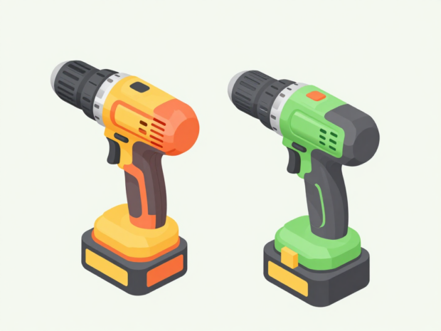 Two cordless hammer drills from different tool platforms standing side by side