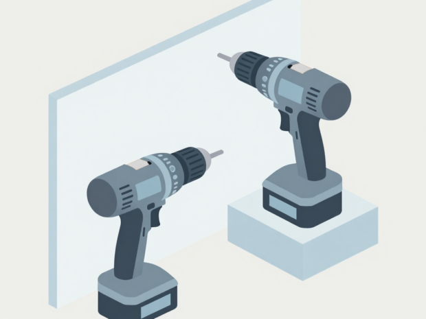 DeWalt and Porter-Cable 20V cordless drills separated by a divider, illustrative comparison