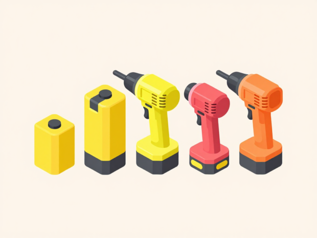 Five different cordless power tool battery packs with different shapes laid out side by side