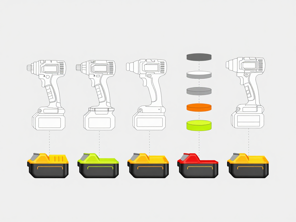 Five different cordless power tool battery packs with different shapes laid out side by side