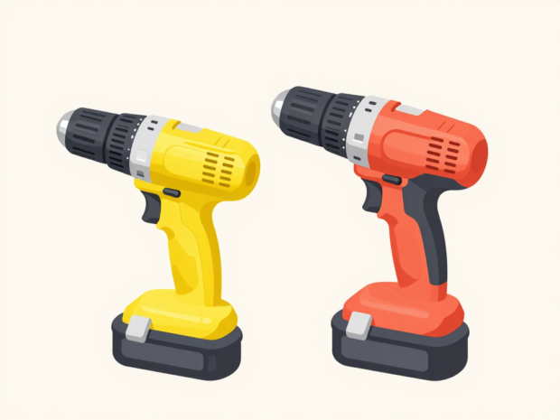Two cordless drills of different sizes, representing a compact 12V-class tool next to a larger 18V-class tool