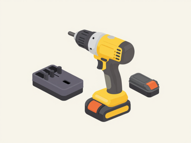 A hand holding a cordless impact driver with a charger and spare battery on the workbench