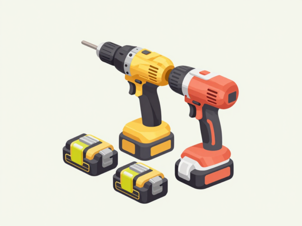 A cordless hammer drill, impact driver, and two battery packs arranged together on a tool cart
