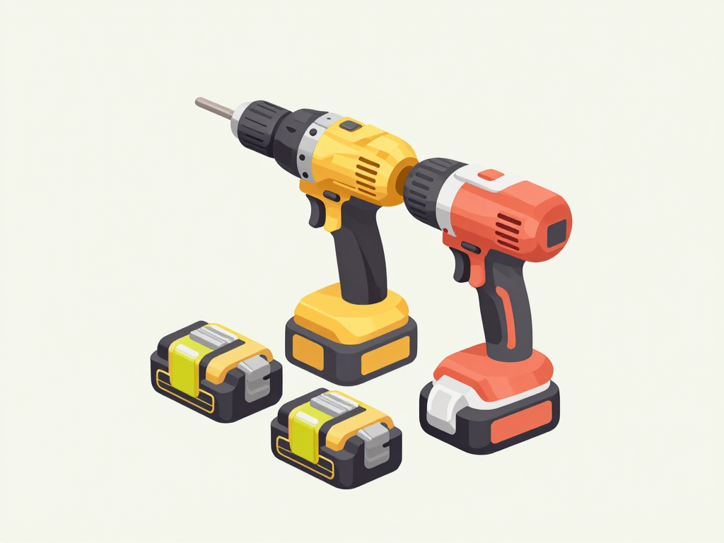 A cordless hammer drill, impact driver, and two battery packs arranged together on a tool cart