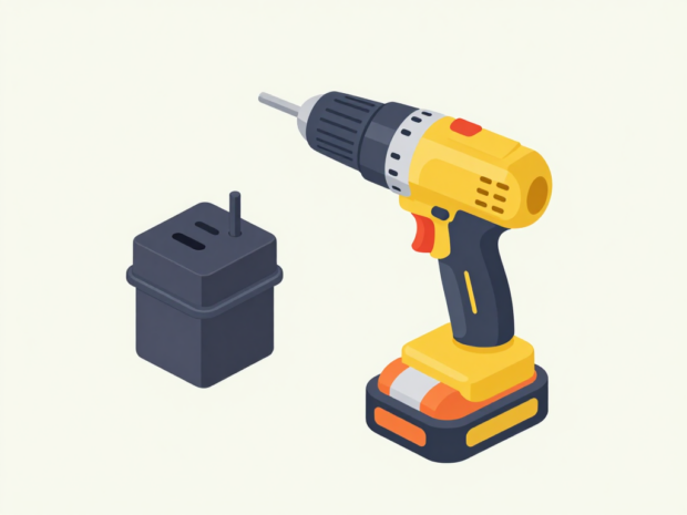 A cordless drill, battery pack, and charger arranged on a garage workbench