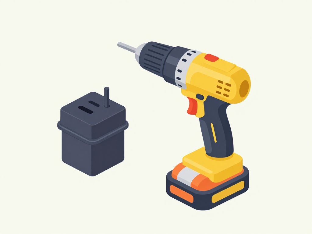 A cordless drill, battery pack, and charger arranged on a garage workbench