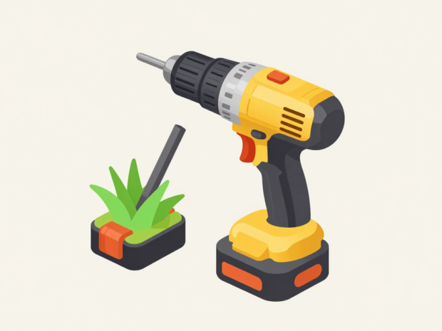 A cordless drill and a cordless outdoor trimmer sharing the same style of battery pack